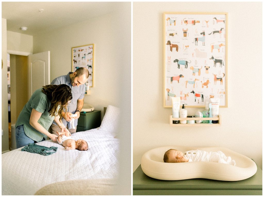 New parents change their baby's outfit, paired with baby napping on his changing table during an in-home newborn session in Sacramento