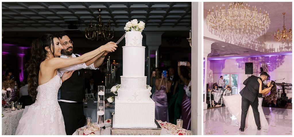 Left: bride and groom cut their wedding cake. Right: groom dips the bride during their first dance