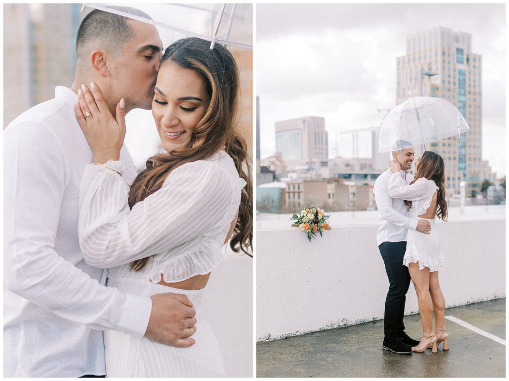 A couple cuddling under an umbrella during their Sacramento engagement session