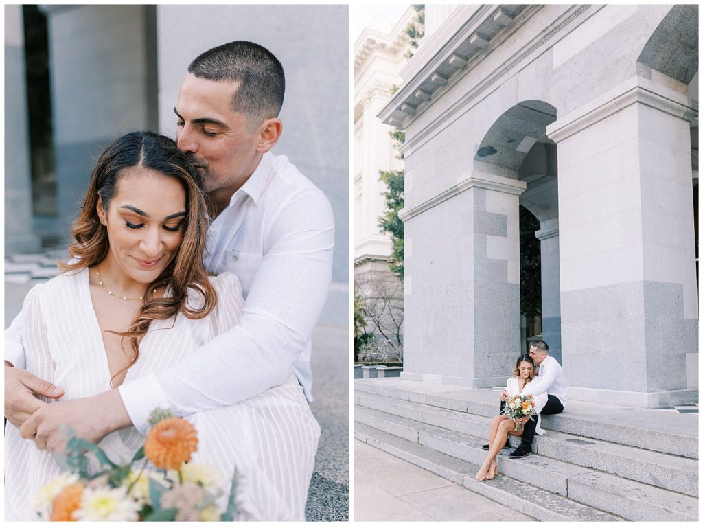 a couple sitting on the steps of the Capitol building during their Sacramento engagement session