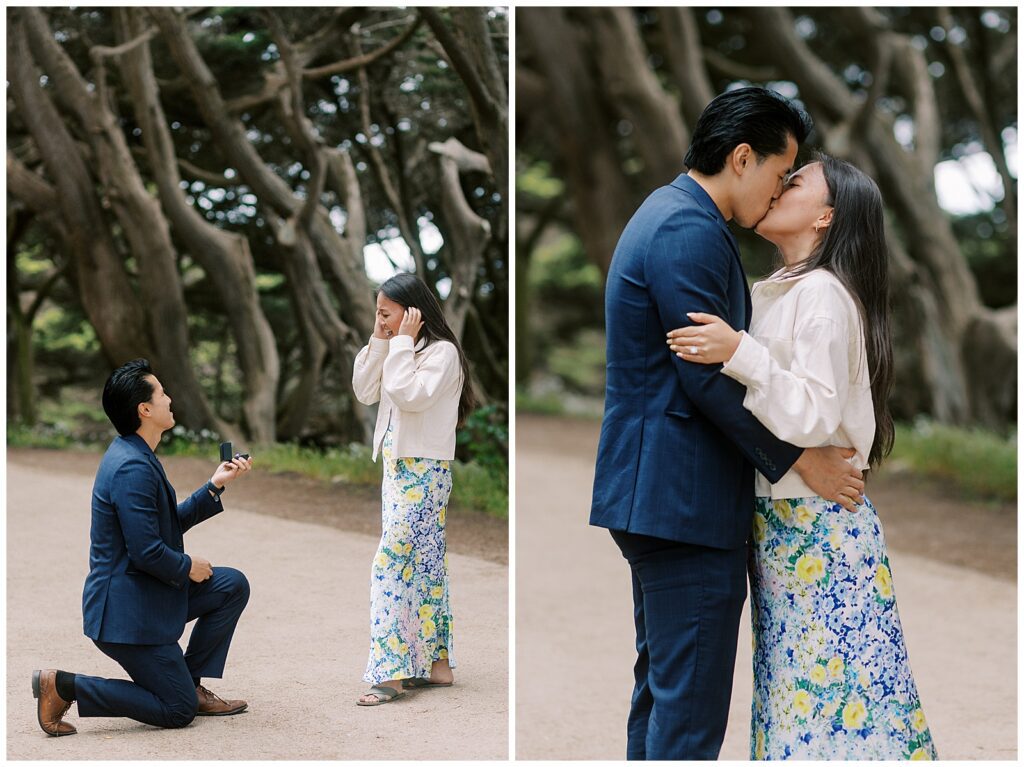 left: man proposing on his knee. right: man and woman kissing