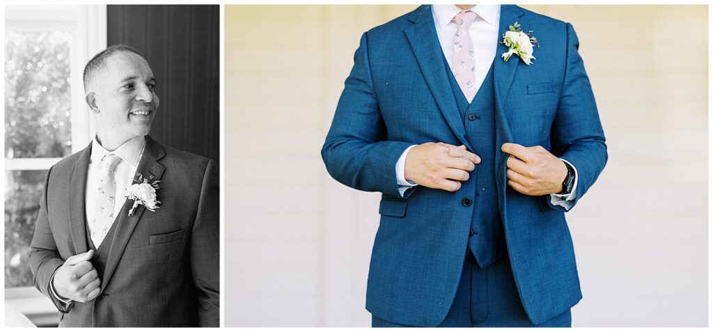 left: black and white image of a groom looking to the side. right: close up image of a groom buttoning his jacket.