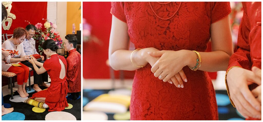 Left: couple kneeling during their tea ceremony. Right: Close-up image of bride's hands while she wears a red dress at her tea ceremony