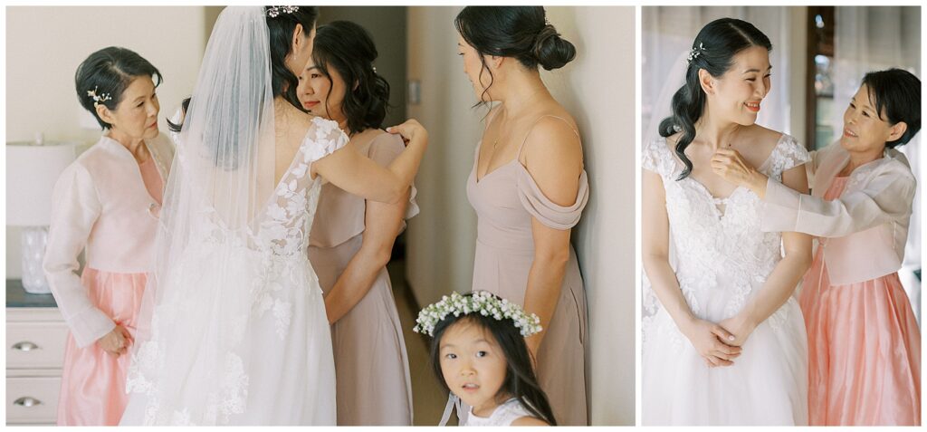 Left: Bride adjusting her sister's bridesmaid dress while the flower girl looks at the camera.Right: Bride's mother adjusting bride's necklace.