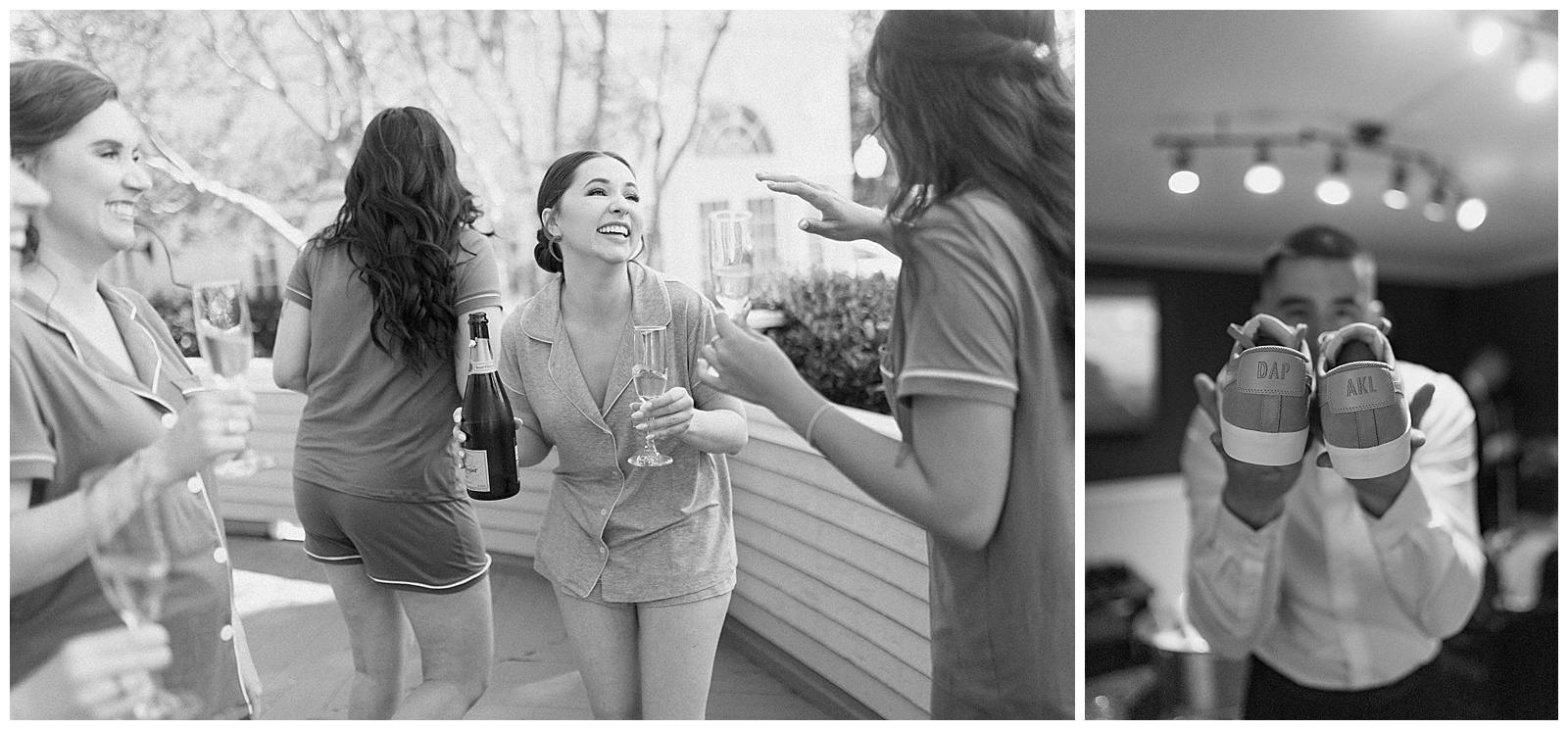 Left: Black and white image of bride and bridesmaids laughing in their pajamas. Right: Black and white images of groom holding custom sneakers.