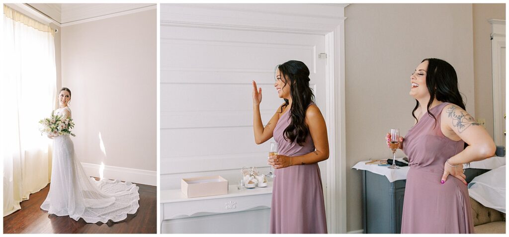 Left: Bride looks at her bridesmaids. Right: Bridesmaids feeling emotional while watching the bride get dressed.