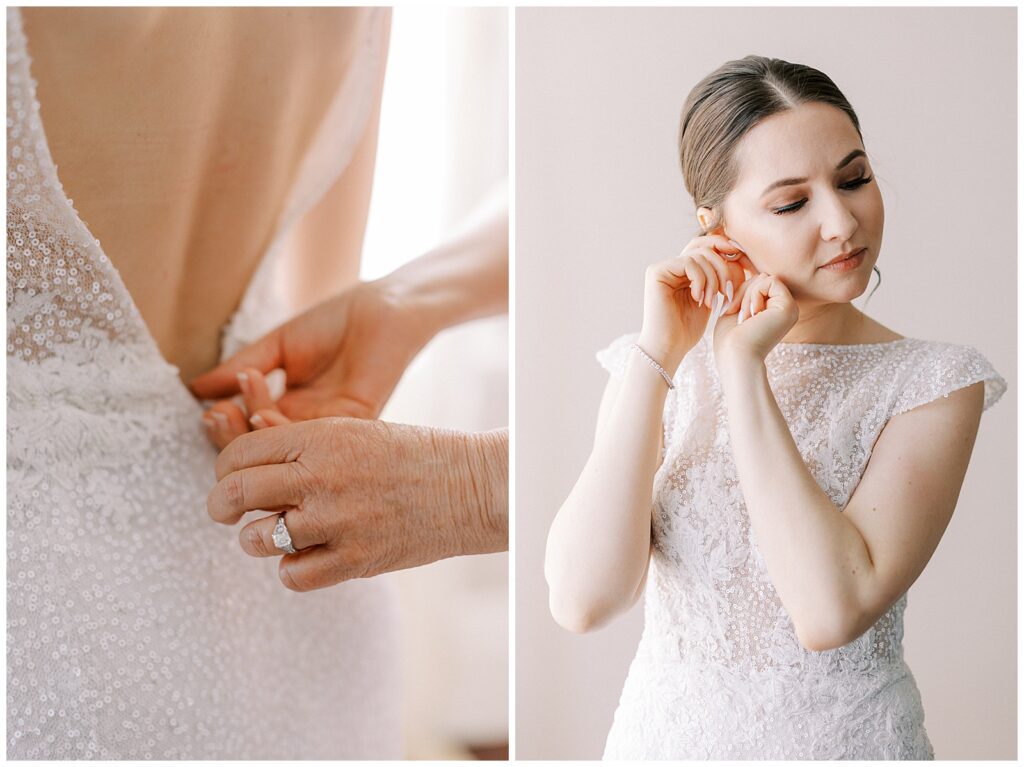 Left: close-up image of bride's dress getting zipped. Right: Bride putting her earring on.