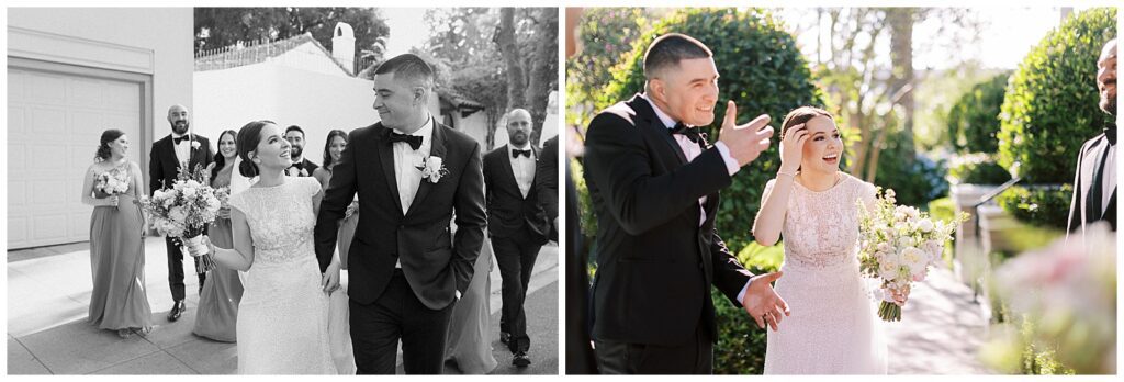 Left: Black and white image of bride and groom walking in front of their wedding party. Right: Bride and groom laughing after their ceremony.