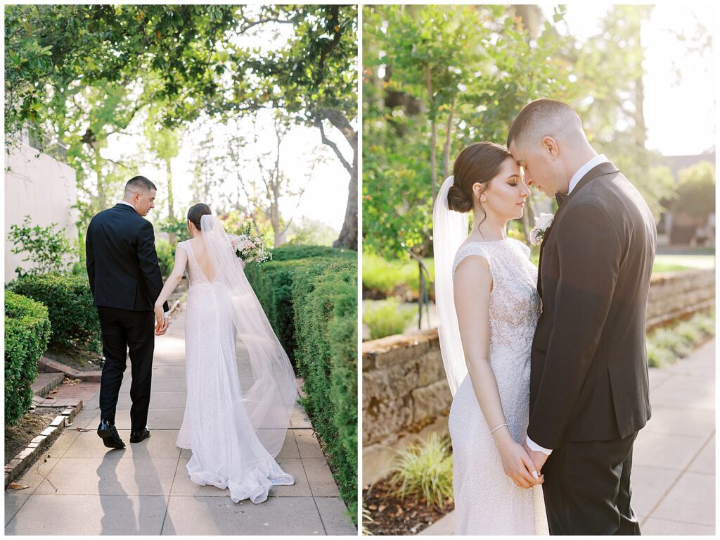 Bride and groom during portraits their Vizcaya wedding.