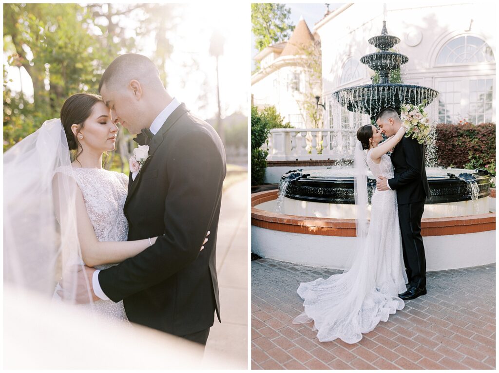 Bride and groom during portraits their Vizcaya wedding.