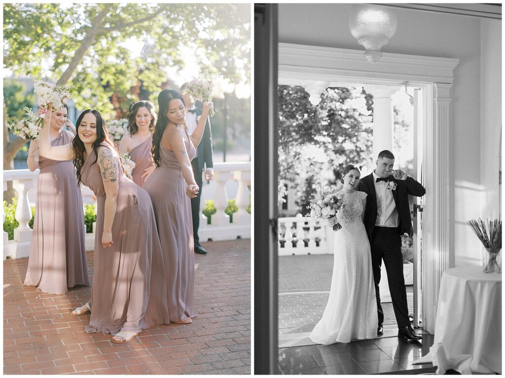 Left: Wedding party dances together before their grand entrance. Right: Black and white image of bride and groom posing for the camera before their grand entrance their Vizcaya wedding.