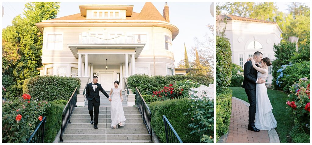 Left: Bride and groom holding hands and walking down the steps in front of Vizcaya. Right: Groom kissing bride's forehead during sunset. 