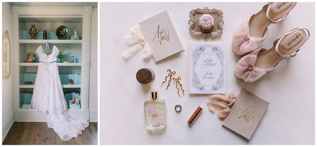 Left: Bride's dress hangs in the library at Park Winters. Right: Flatlay of the bride and groom's detail items.