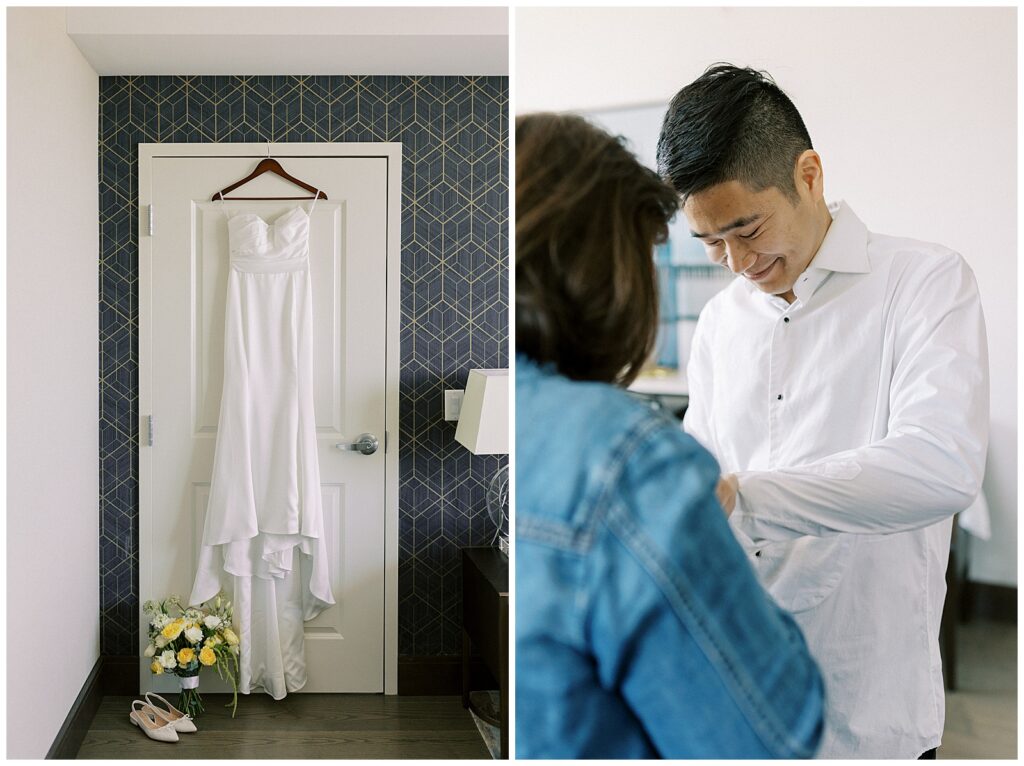 Left: Bride's dress hanging with her shoes and flowers at the feet. Right: Groom's mother helps adjust his cufflinks.