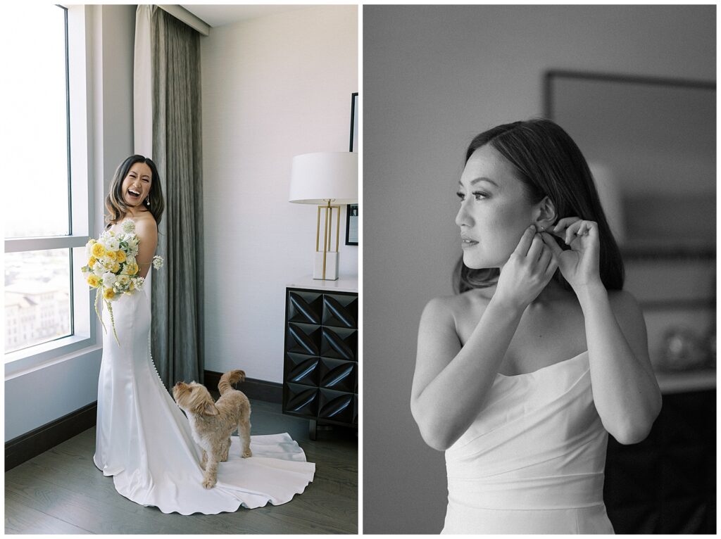 Left: bride laughing as her dog walks across the train of her wedding dress. Right: Black and white image of the bride putting her earring on.