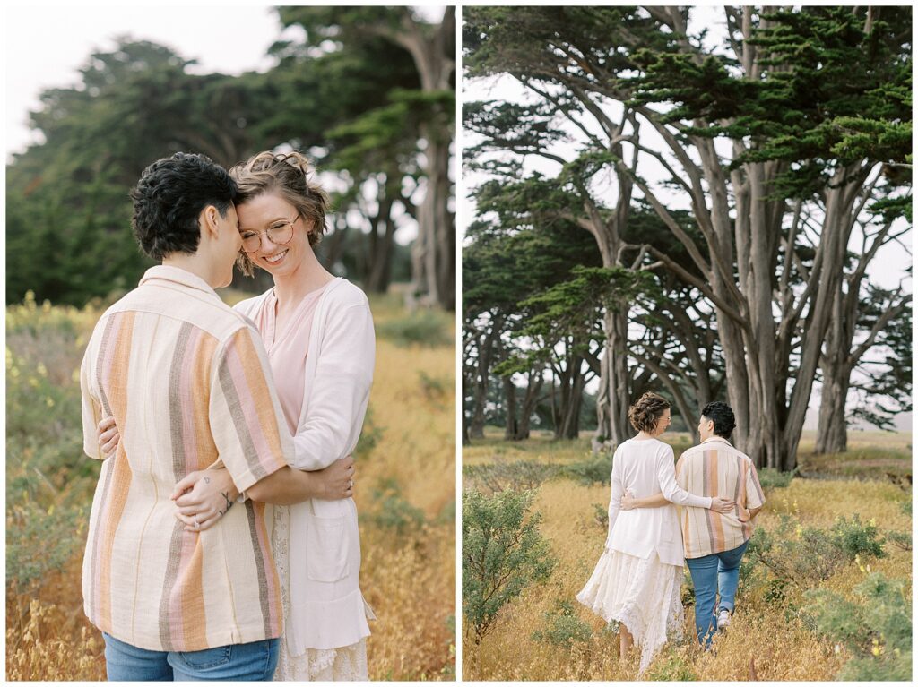 Left: engaged couple resting their foreheads together in a field of grass. Right: Engaged couple walking away with their arms around each other's backs in a grass field.