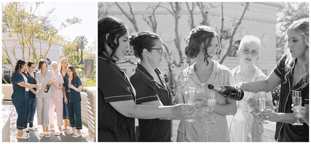 Left: Bride and her loved ones toasting while getting ready. Right: Black and white image of bridesmaids pouring champagne.