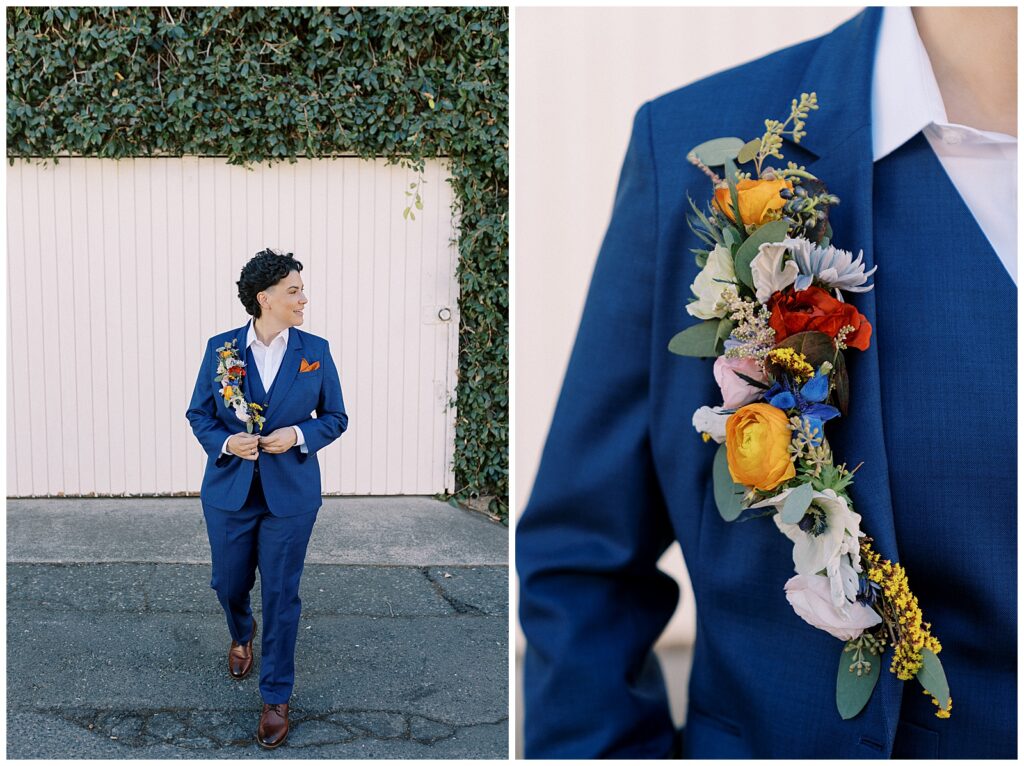 Left: bride walking towards the camera and butting her jacket. Right: Close up photo of the bride's bridal boutonniere.